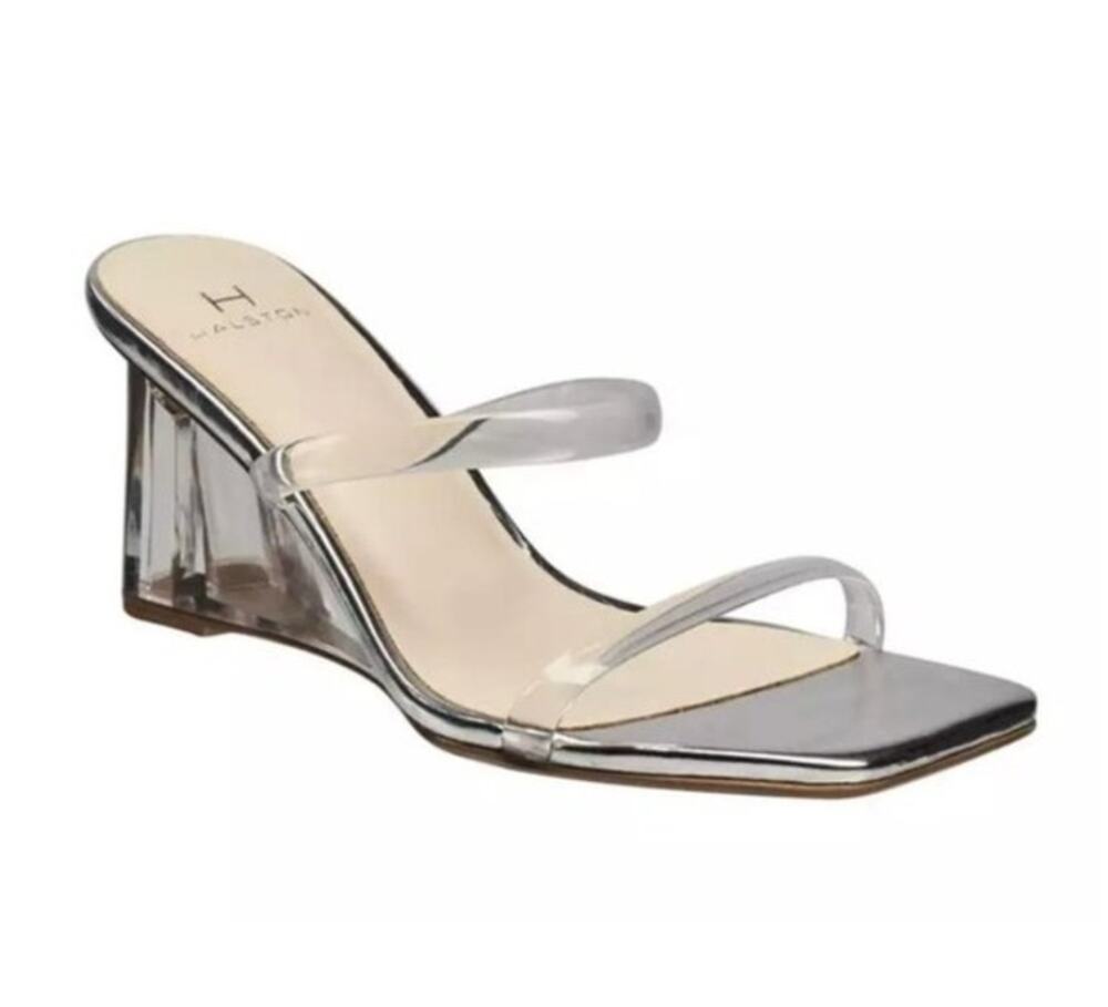 Halston Silver Transparent Square Toe Weged Heel Sandal Size 7.5